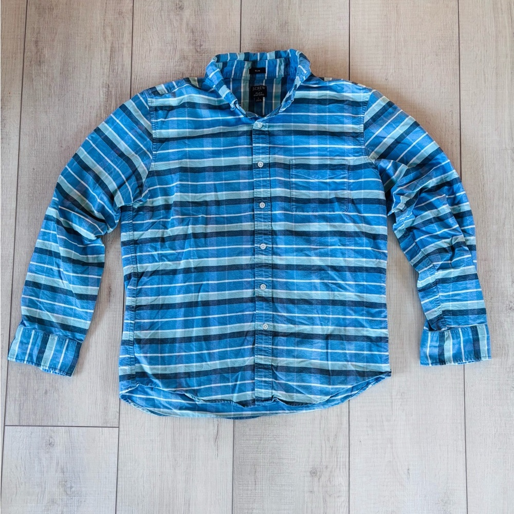 J.Crew Flannel Button Up Shirt Blue Striped Preppy Casual Coastal Grandpa | L